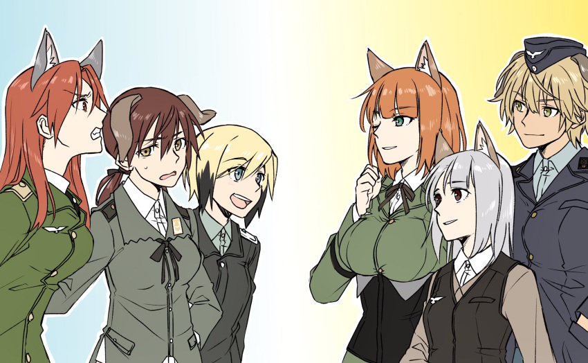 6+girls animal_ears black_jacket blonde_hair blue_eyes brave_witches breasts brown_hair brown_vest character_request clenched_teeth collared_shirt corset cowboy_shot dog_ears erica_hartmann garrison_cap gertrud_barkhorn green_eyes grey_hair hands_in_pockets hat highres jacket large_breasts medium_breasts minna-dietlinde_wilcke monokuro_graf multicolored_hair multiple_girls neck_ribbon one_eye_closed orange_hair red_eyes ribbon shirt short_hair small_breasts smile streaked_hair strike_witches teeth vest waltrud_krupinski world_witches_series yellow_eyes