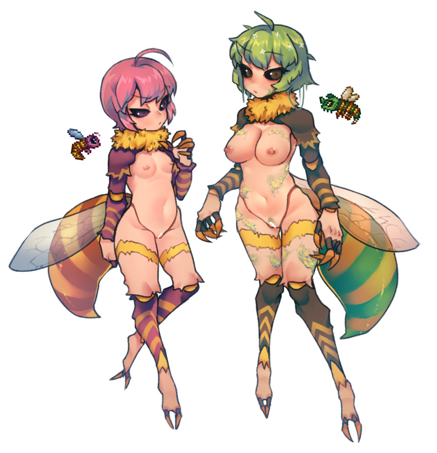 1girl :/ ahoge arthropod_girl bangs bar_censor bee_girl black_sclera blue_wings breasts brown_eyes censored character_request claws closed_mouth colored_sclera full_body fur_collar green_hair hand_up highres insect_wings low_wings medium_breasts navel nipples nude nyong_nyong open_mouth orange_wings personification pink_hair purple_eyes raised_eyebrow reference_inset short_hair simple_background small_breasts solo stinger terraria uneven_eyes white_background wings