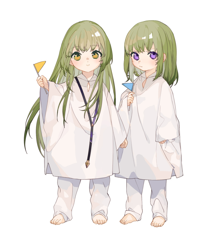 2boys androgynous arm_at_side bangs barefoot blush character_request enkidu_(fate) fate/grand_order fate_(series) flag frown green_hair hand_up highres holding holding_flag jewelry kingu_(fate) long_hair long_sleeves look-alike looking_at_viewer male_focus medium_hair multiple_boys pants pendant robe rocco simple_background sleeves_past_wrists smile very_long_hair white_background white_pants white_robe wide_sleeves