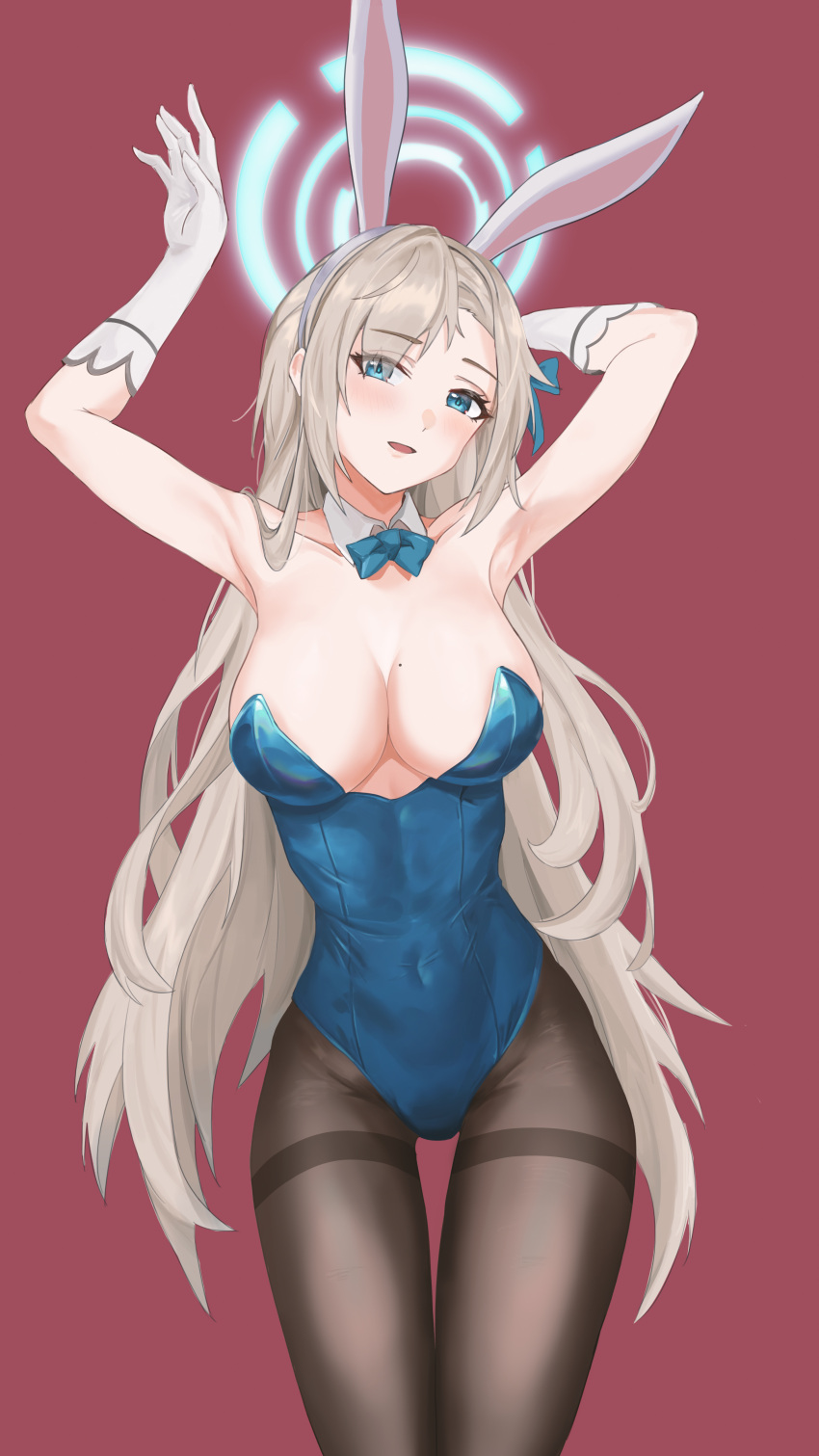 1girl :d absurdres animal_ears armpits arms_up asuna_(blue_archive) bangs blonde_hair blue_archive blue_bow blue_bowtie blue_eyes blue_leotard bow bowtie breasts brown_pantyhose cleavage cola-alter collarbone cowboy_shot detached_collar elbow_gloves eyes_visible_through_hair fake_animal_ears gloves hair_over_one_eye halo highres large_breasts leotard long_hair looking_at_viewer open_mouth pantyhose playboy_bunny rabbit_ears smile solo strapless strapless_leotard thigh_gap thighband_pantyhose very_long_hair white_gloves