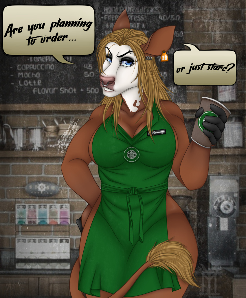 anthro barista bean beverage bovid bovine caffeine calamity cattle coffee container cup female heifer_(disambiguation) hi_res humanoid humor mammal meme milk moo solo starbucks thehuntingwolf