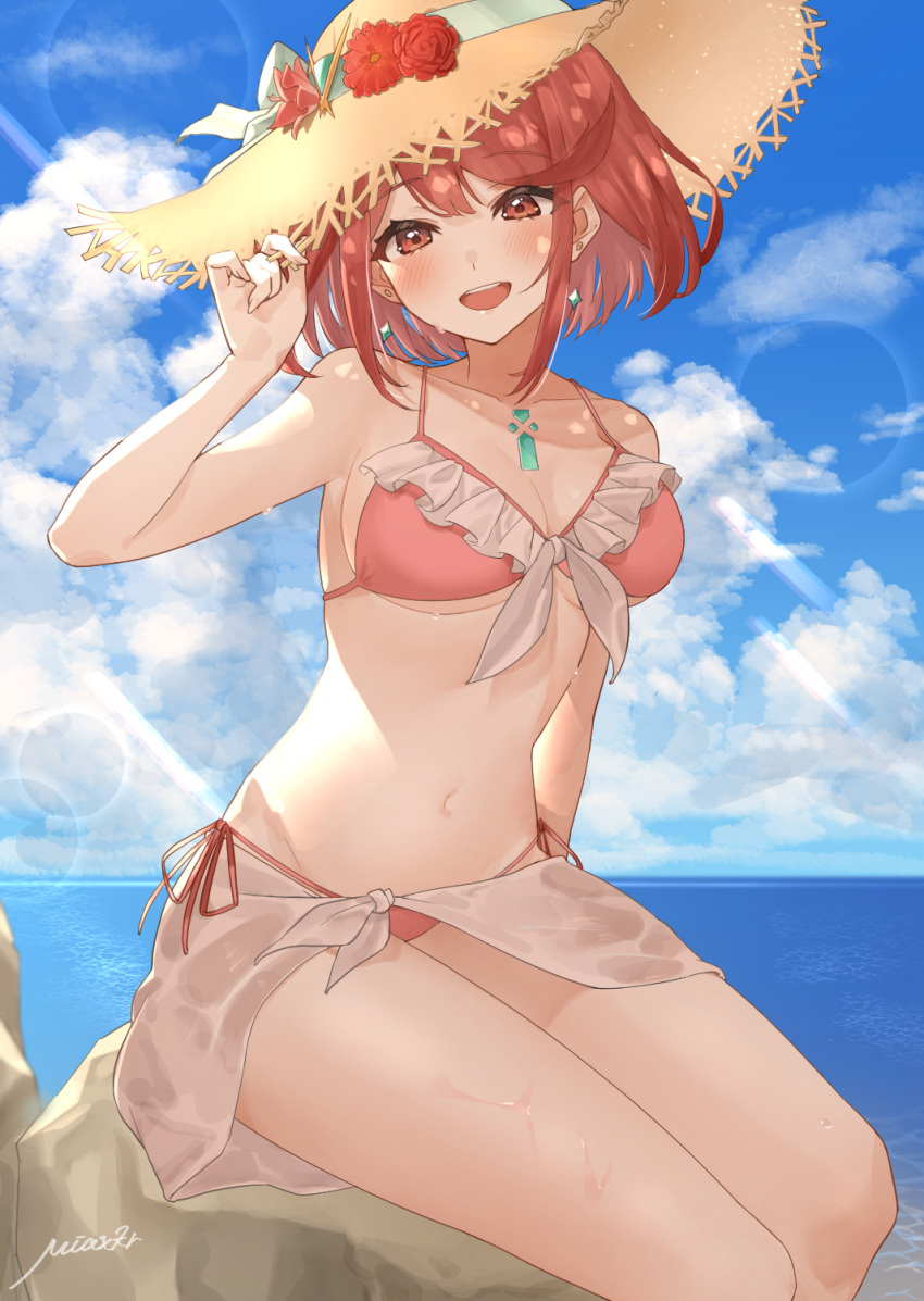 1girl alternate_costume bangs beach bikini blush breasts chest_jewel cleavage cloud collarbone commentary_request day earrings flower frilled_bikini frills hat hat_flower highres jewelry looking_at_viewer medium_breasts miaxkr navel ocean open_mouth outdoors pyra_(xenoblade) red_bikini red_eyes red_flower red_hair red_rose red_swimsuit rose sarong short_hair signature sitting smile solo stomach straw_hat sun_hat sunlight swept_bangs swimsuit teeth upper_teeth water wet xenoblade_chronicles_(series) xenoblade_chronicles_2