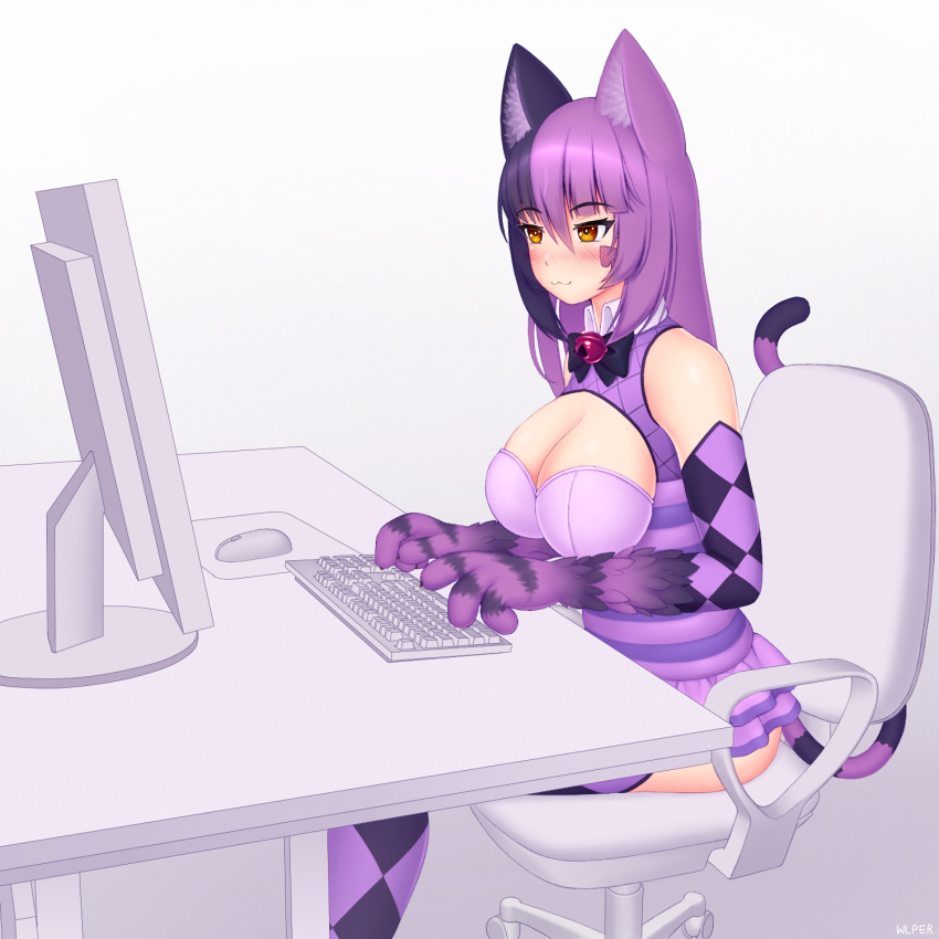 1girl :3 animal_ear_fluff animal_ears animal_hands argyle artist_name bangs bare_shoulders black_hair blush breasts cat_ears cat_girl cat_tail chair cheshire_cat_(monster_girl_encyclopedia) cleavage_cutout clothing_cutout commentary hair_between_eyes highres keyboard_(computer) large_breasts monitor monster_girl_encyclopedia mouse_(computer) multicolored_hair office_chair orange_eyes purple_hair sitting smile solo striped_tail tail two-tone_hair wlper