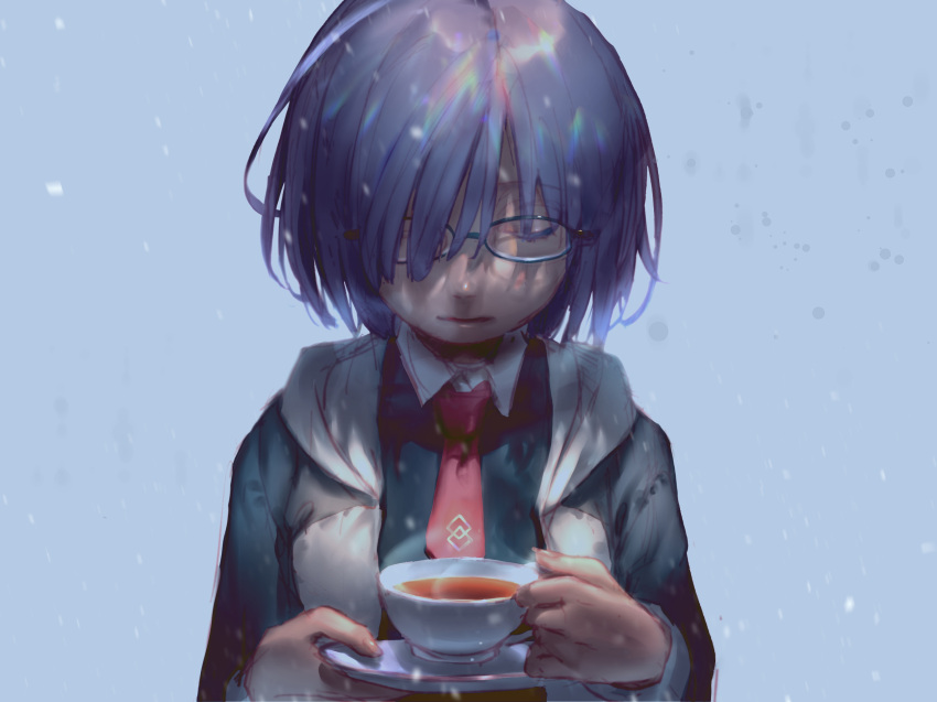 1girl blue_background chaldea_logo closed_eyes cup fate/grand_order fate_(series) glasses grey_hoodie hair_over_one_eye highres hood hoodie looking_down mash_kyrielight medium_hair necktie purple_hair red_necktie saucer snow solo steam tea teacup ubwmitekure