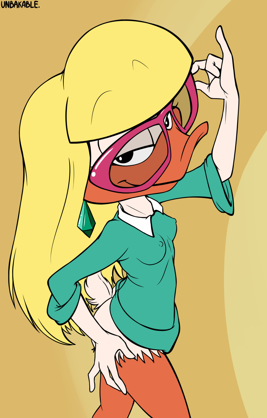 absurd_res anatid anseriform anthro avian bird blonde_hair bottomless bottomless_female clothed clothing duck eyewear female glasses hair hi_res looking_at_viewer loon nipple_outline shirley_the_loon simple_background solo tiny_toon_adventures tiny_toons_looniversity unbakable warner_brothers