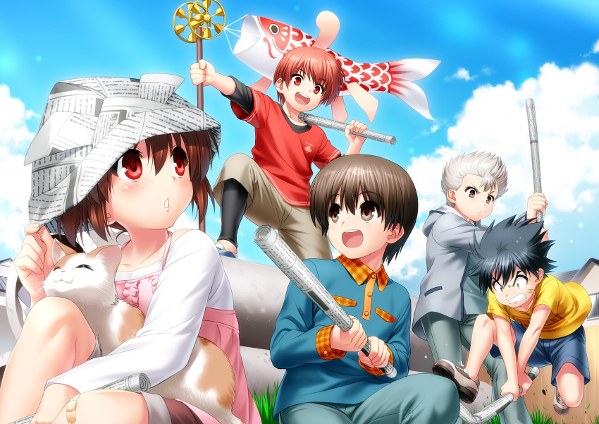 1girl 4boys anniversary bandaid bandaid_on_face black_hair blush brown_eyes brown_hair cat cloud day grass grey_hair highres hood hooded_jacket inohara_masato jacket koinobori little_busters! looking_at_another miyazawa_kengo multiple_boys naoe_riki natsume_kyousuke natsume_rin newspaper official_art open_clothes open_jacket open_mouth outdoors paper_hat parted_lips playing red_eyes rolled_up_newspaper shirt shorts sky smile t-shirt windsock younger zen_(kamuro)