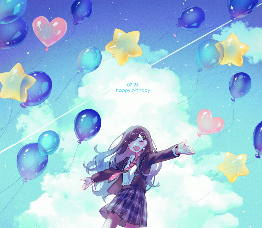 1girl balloon blazer blue_sky bumgae closed_eyes cloud collared_shirt commentary dated dress_shirt earrings floating floating_hair floating_object hair_ornament happy_birthday heart_balloon highres jacket jewelry korean_commentary lapels necktie notched_lapels open_mouth outstretched_arms plaid plaid_skirt project_sekai school_uniform shiraishi_an shirt skirt sky smile solo star_(symbol) star_balloon star_earrings star_hair_ornament striped_necktie white_shirt wind wind_lift