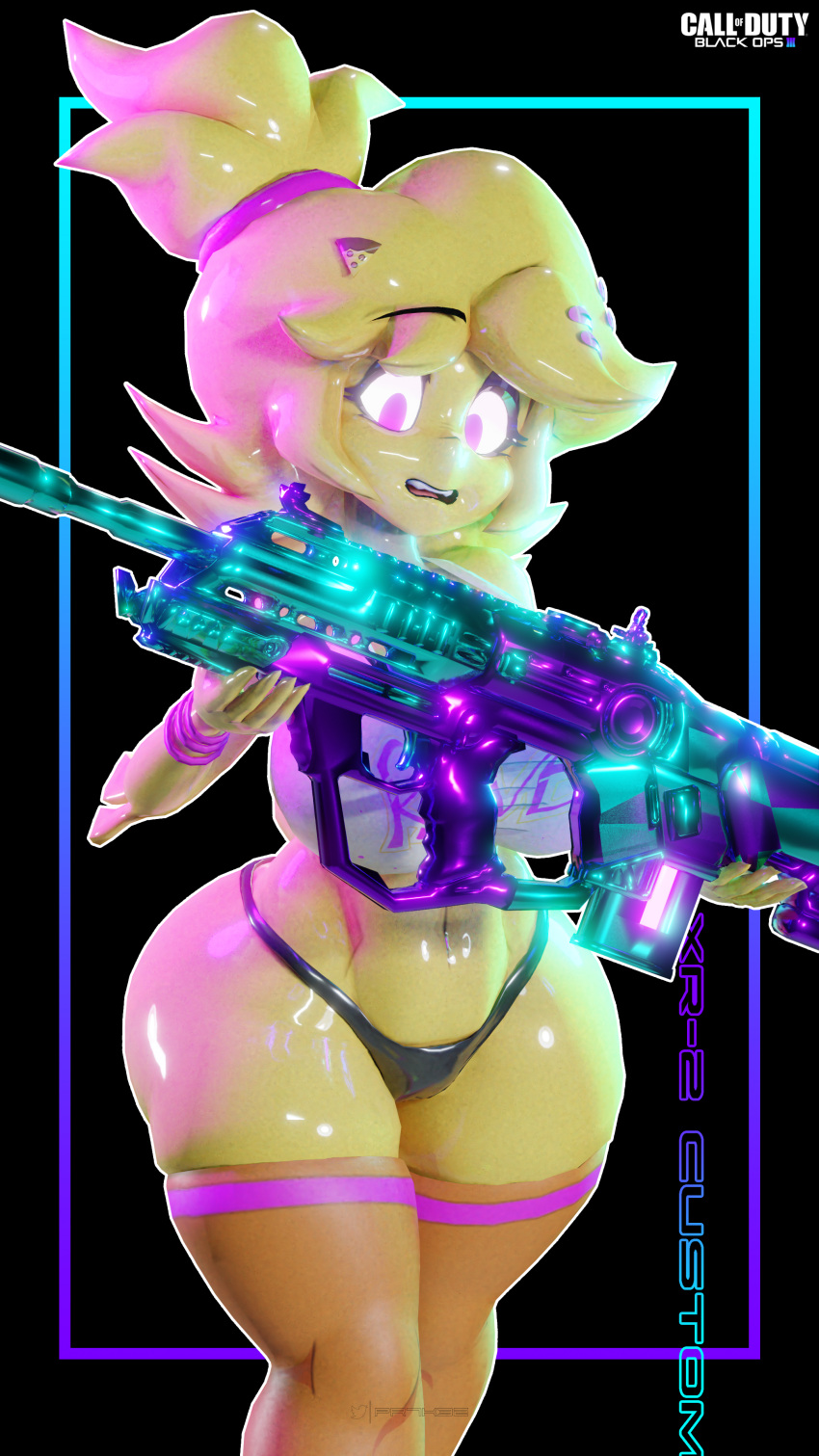 absurd_res activision anthro avian bird black_background black_clothing black_thong black_underwear blonde_hair border call_of_duty:_black_ops_iii chica_(cally3d) chica_(fnaf) chicken clothing female five_nights_at_freddy's fredina's_nightclub galliform gallus_(genus) gradient_border gun hair hi_res holding_object holding_weapon large_weapon legwear logo orange_clothing orange_legwear orange_stockings phasianid prykez purple_eyes ranged_weapon rifle scared scottgames shirt simple_background solo stockings thong topwear underwear video_games weapon white_clothing white_shirt white_topwear yellow_body