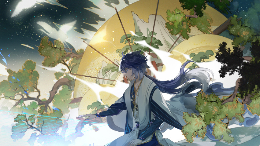 1boy ahoge bangs bird blue_hair blue_robe board_game bonsai branch character_request cloak crane_(animal) floating_clothes floating_hair folding_fan from_side go_(board_game) grey_hair hand_fan highres holding lieshang773 long_hair long_sleeves looking_away male_focus motion_blur mountain multicolored_hair outstretched_arm painting_(object) plant playing_games profile robe sash seiza silhouette sitting sky solo star_(sky) starry_sky streaked_hair tree very_long_hair wangzhe_rongyao white_cloak white_hair