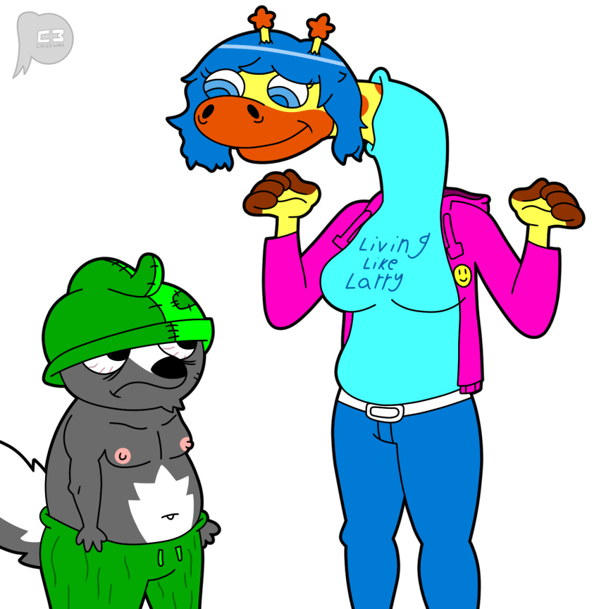 2022 anthro breasts brent_(doobus_goobus) chubby_female chubby_male clothed clothing colored digital_drawing_(artwork) digital_media_(artwork) duo female fur giraffe giraffid hair half_clothed half_naked hat headgear headwear hi_res jacket lewdware male male/female mammal mephitid nipples shirt signature skunk slightly_chubby smile sophie_(doobus_goobus) text text_on_clothing text_on_shirt text_on_topwear topwear
