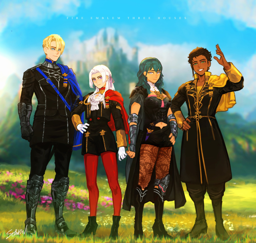 2boys 2girls absurdres anniversary armguards blonde_hair blue_eyes blue_sky blurry blurry_background boots brown_hair byleth_(fire_emblem) byleth_(fire_emblem)_(female) cape castle claude_von_riegan dimitri_alexandre_blaiddyd edelgard_von_hresvelg fire_emblem fire_emblem:_three_houses flower garreg_mach_monastery_uniform gloves grass green_hair highres looking_at_viewer midriff multiple_boys multiple_girls navel pantyhose red_pantyhose sethkiel shorts sky smile standing white_gloves white_hair