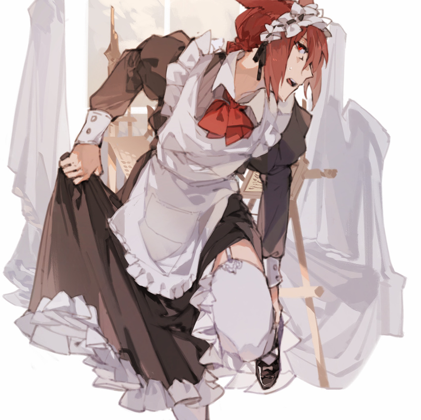 1boy alternate_costume animal_ears apron ascot bangs black_dress black_footwear braid cat_boy cat_ears cat_tail code009 collared_dress cowboy_shot crossdressing dress enmaided facial_mark final_fantasy final_fantasy_xiv frilled_apron frilled_dress frills g'raha_tia garter_straps highres juliet_sleeves long_sleeves looking_at_viewer maid maid_apron maid_headdress male_focus miqo'te open_mouth profile puffy_sleeves putting_on_shoes red_ascot red_eyes red_hair ribbon-trimmed_headwear ribbon_trim shoes sideways_glance simple_background skirt_hold solo standing standing_on_one_leg sweat tail thighhighs white_apron white_background white_thighhighs