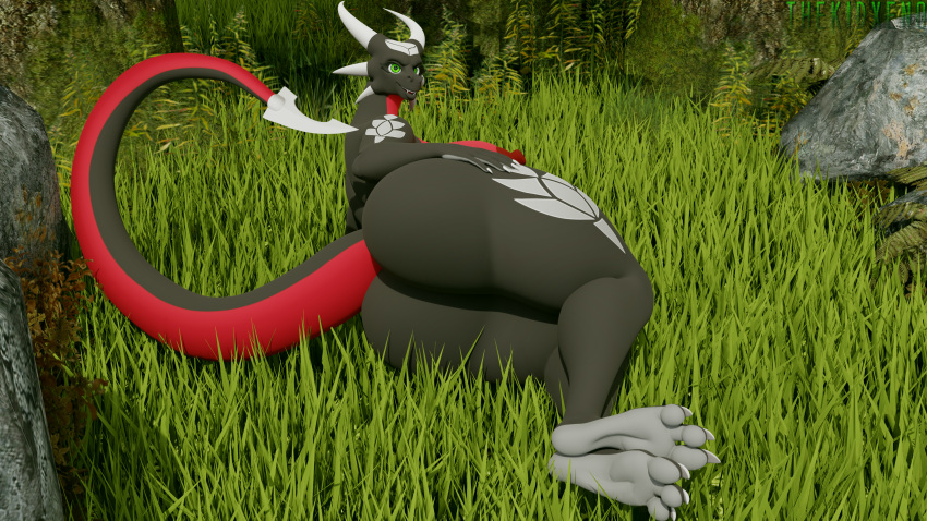16:9 3_toes 3d_(artwork) absurd_res activision anthro big_breasts big_butt black_body black_skin breasts butt claws colored_nails convenient_censorship cynder digital_media_(artwork) dragon feet female grass green_eyes grey_body grey_skin hand_on_hip hi_res horn huge_breasts huge_butt huge_filesize humanoid_hands looking_at_viewer looking_back lying nails nipples nude open_mouth outside plant presenting presenting_hindquarters rear_view red_body red_skin rock scalie seductive smile soles solo spyro_the_dragon teeth thekidxeno toes tree video_games white_nails widescreen