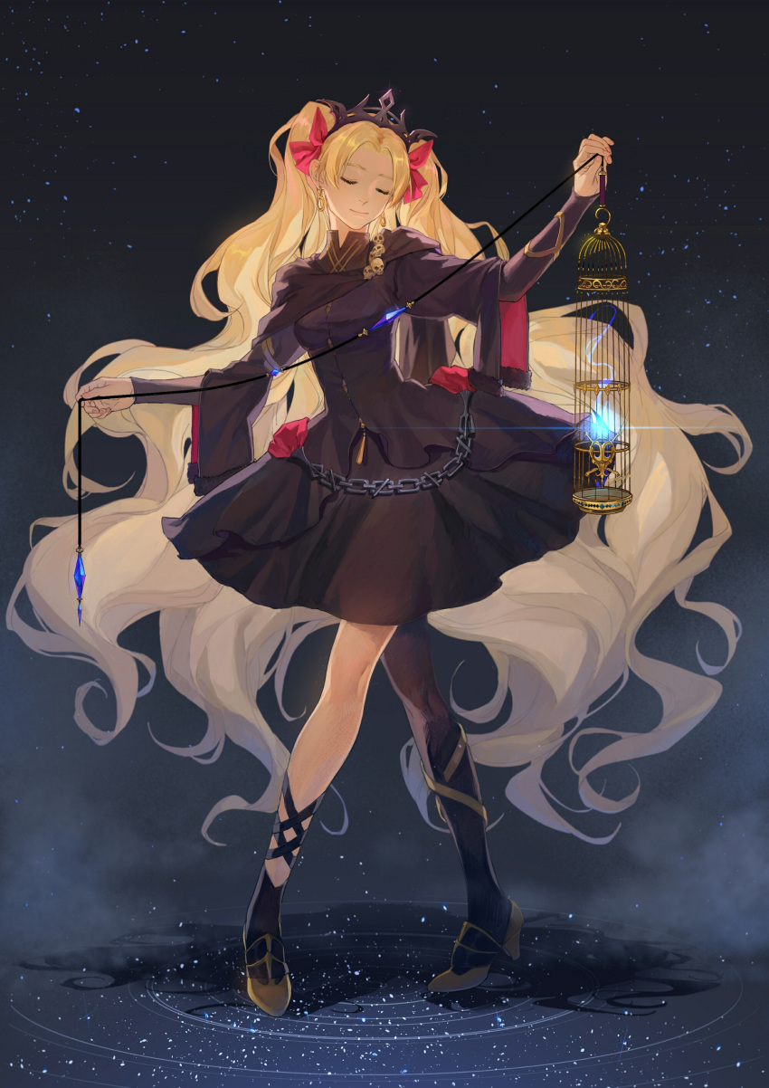 1girl absurdres arm_guards asymmetrical_legwear bangs black_background black_socks black_thighhighs blonde_hair blue_fire blue_gemstone breasts cage chain closed_eyes crossed_legs dress earrings ereshkigal_(fate) fate/grand_order fate_(series) fire flower full_body gem glint hair_ribbon high_heels highres holding holding_lantern jewelry lantern light_particles long_hair long_sleeves outstretched_arms parted_bangs red_flower red_rose ribbon ripples rose see-through short_dress skull_ornament smile smoke socks solo standing thighhighs tiara two-sided_fabric two_side_up very_long_hair wavy_hair wide_sleeves xs-dial yellow_footwear