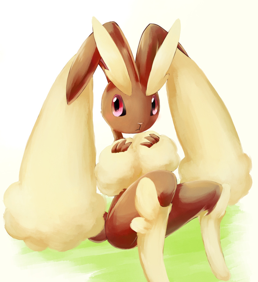 1girl :&lt; animal_ears animal_nose blush body_fur brown_fur closed_mouth commentary_request full_body furry furry_female grass hands_up highres ka-neito knees_up light_blush looking_to_the_side lopunny on_ground one-hour_drawing_challenge own_hands_together partial_commentary pink_eyes pokemon pokemon_(creature) rabbit_ears rabbit_girl rabbit_tail simple_background sitting solo tail two-tone_fur white_background yellow_fur