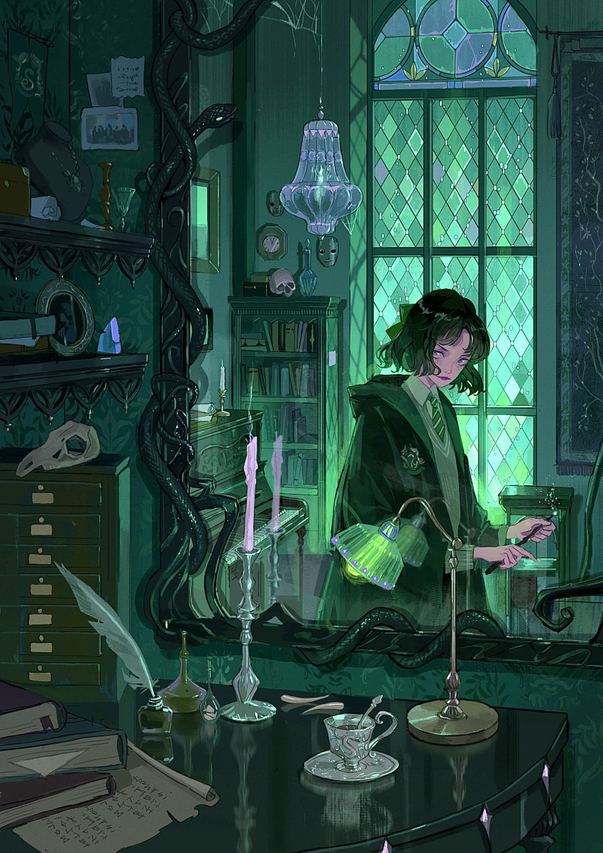 1girl absurdres animal_skull black_hair blue_gemstone bob_cut book book_stack bookmark bookshelf bottle bow candle candlelight ceiling_light closed_mouth coat collared_shirt crystal cup flower gem green_bow green_coat green_necktie green_theme grey_sweater harry_potter_(series) highres hogwarts_school_uniform holding holding_wand hood hood_down hooded_coat indoors ink_bottle instrument iyzlime jewelry lamp light_particles long_sleeves looking_at_viewer looking_to_the_side magic marionette mirror necklace necktie night original paper photo_(object) piano picture_frame portrait_(object) pov puppet quill saucer school_uniform shirt short_hair skull slytherin snake spider_lily stained_glass striped_necktie sweater table teacup upper_body wand wavy_hair white_shirt window