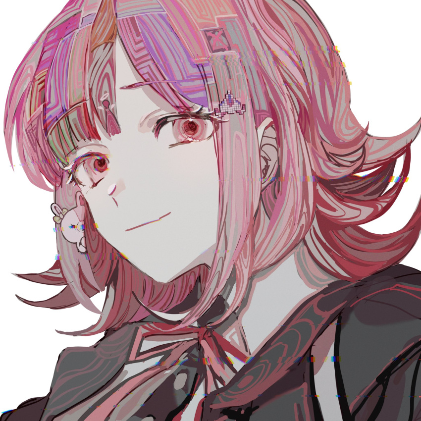 1girl bangs black_jacket blue_hair brown_hair collared_shirt danganronpa_(series) danganronpa_2:_goodbye_despair dress_shirt flipped_hair galaga hair_ornament highres jacket looking_at_viewer medium_hair monomi_(danganronpa) multicolored_hair nanami_chiaki neck_ribbon pink_eyes pink_hair portrait purple_hair red_ribbon ribbon shirt simple_background smile white_background yadu_nadu