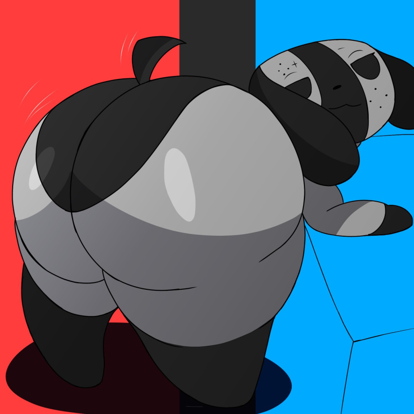 2022 :3 ambiguous_gender animate_inanimate anthro bedroom_eyes bent_over big_butt black_body blue_background bubble_butt butt canid clothing eyelashes girly glistening glistening_body glistening_butt grey_body half-closed_eyes hi_res huge_butt leaning leaning_forward leggings leggings_only legwear legwear_only looking_at_viewer looking_back mammal motion_lines multicolored_body narrowed_eyes nintendo nintendo_switch nude presenting presenting_hindquarters rear_view red_background seductive shaded shadow short_stack simple_background smile solo standing switch_dog thick_thighs video_games vizikaka wide_hips