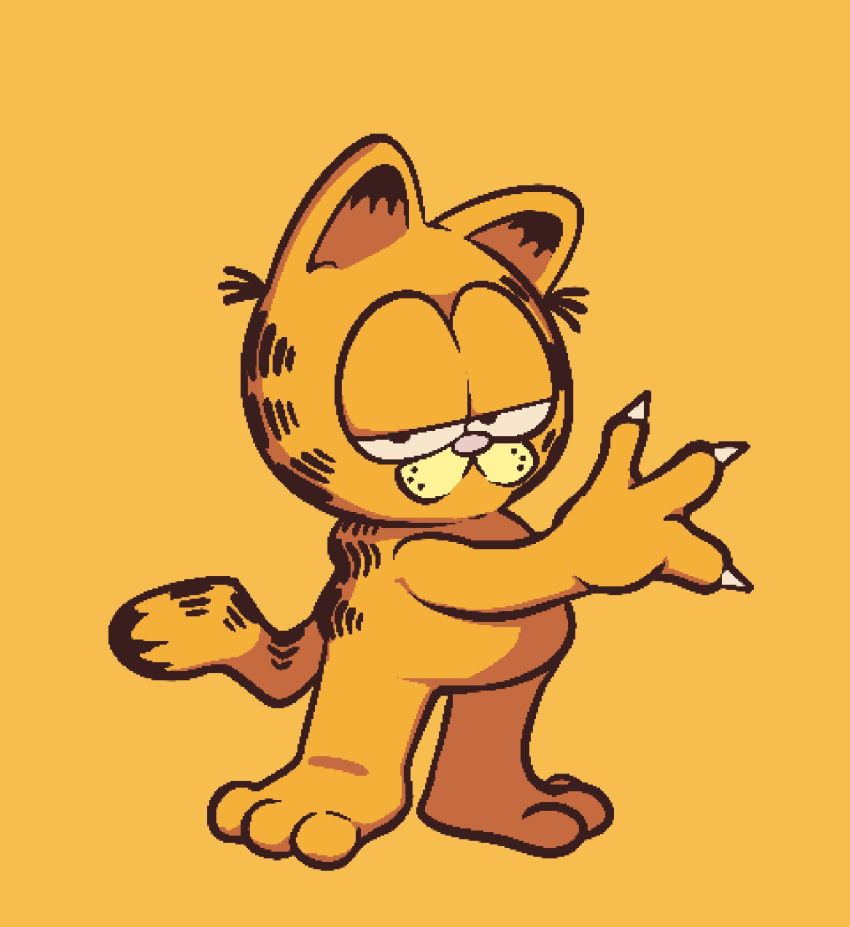 2022 3_fingers 3_toes :&lt; anthro barefoot big_head black_body black_ears black_eyes black_fur black_tail bored_expression chubby_anthro chubby_male claws domestic_cat featureless_crotch feet felid feline felis fingers fur garfield_(series) garfield_the_cat half-closed_eyes hi_res long_tail looking_at_viewer male mammal multicolored_body multicolored_ears multicolored_fur multicolored_tail narrowed_eyes nude orange_background orange_body orange_ears orange_fur orange_tail pink_nose pose raised_arm shadow sharp_claws simple_background slightly_chubby sludgetoons solo standing toes toony