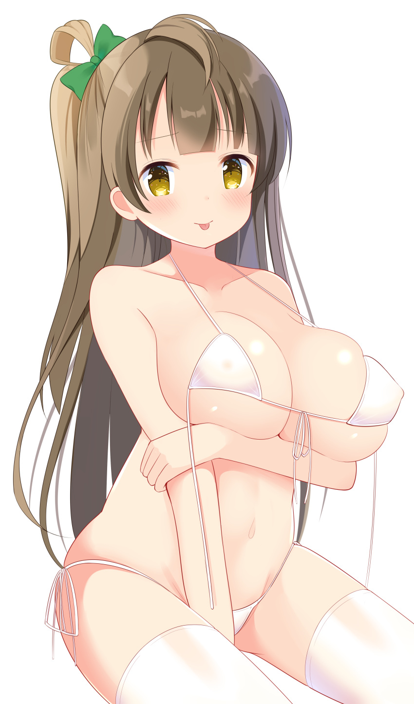 1girl :p absurdres arm_between_legs arm_under_breasts bangs bare_arms bikini blunt_bangs blush breasts brown_hair cleavage commentary_request covered_nipples hair_ribbon highres large_breasts long_hair looking_at_viewer love_live! micro_bikini mimi_(mimi3mimimi) minami_kotori navel ribbon side-tie_bikini simple_background skindentation solo swimsuit thighhighs tongue tongue_out underboob very_long_hair white_background white_bikini yellow_eyes