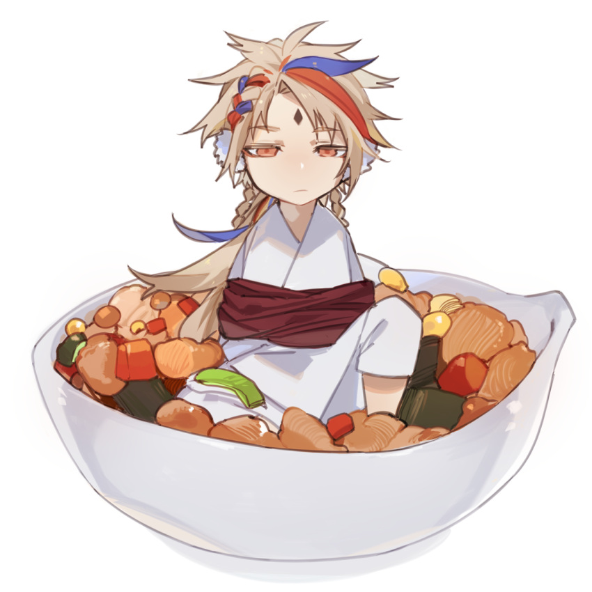 1boy blue_hair bound bowl braid carrot character_request chibi code009 corn diamond_(shape) earmuffs facial_mark food food_request forehead_mark frown half-closed_eyes in_bowl in_container in_food japanese_clothes kimono knee_up long_hair looking_afar male_focus multicolored_hair multiple_braids orange_eyes red_hair restrained shanhai_jing_hua simple_background sitting solo streaked_hair tied_up_(nonsexual) white_background white_kimono