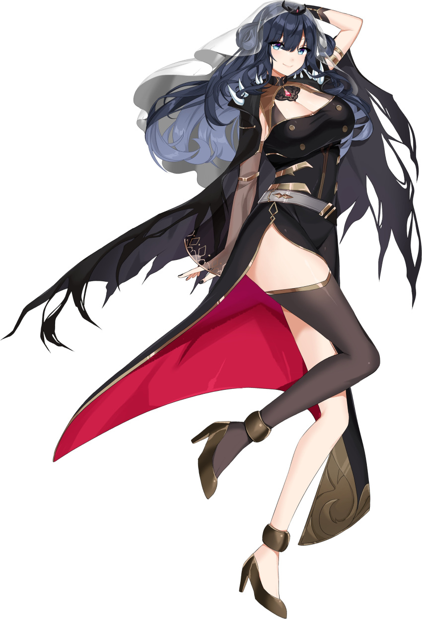 1girl absurdres amano_nene arm_strap black_cape black_dress black_footwear blue_eyes blue_hair bracer breasts cape cleavage cleavage_cutout clothing_cutout commission cosplay detached_sleeves dress english_commentary floating_hair head_tilt high_heels highres hololive hololive_english large_breasts long_hair looking_at_viewer maya_(vtuber)_(artist) mori_calliope mori_calliope_(cosplay) production_kawaii second-party_source single_detached_sleeve single_thighhigh smile solo spikes thighhighs tiara veil virtual_youtuber