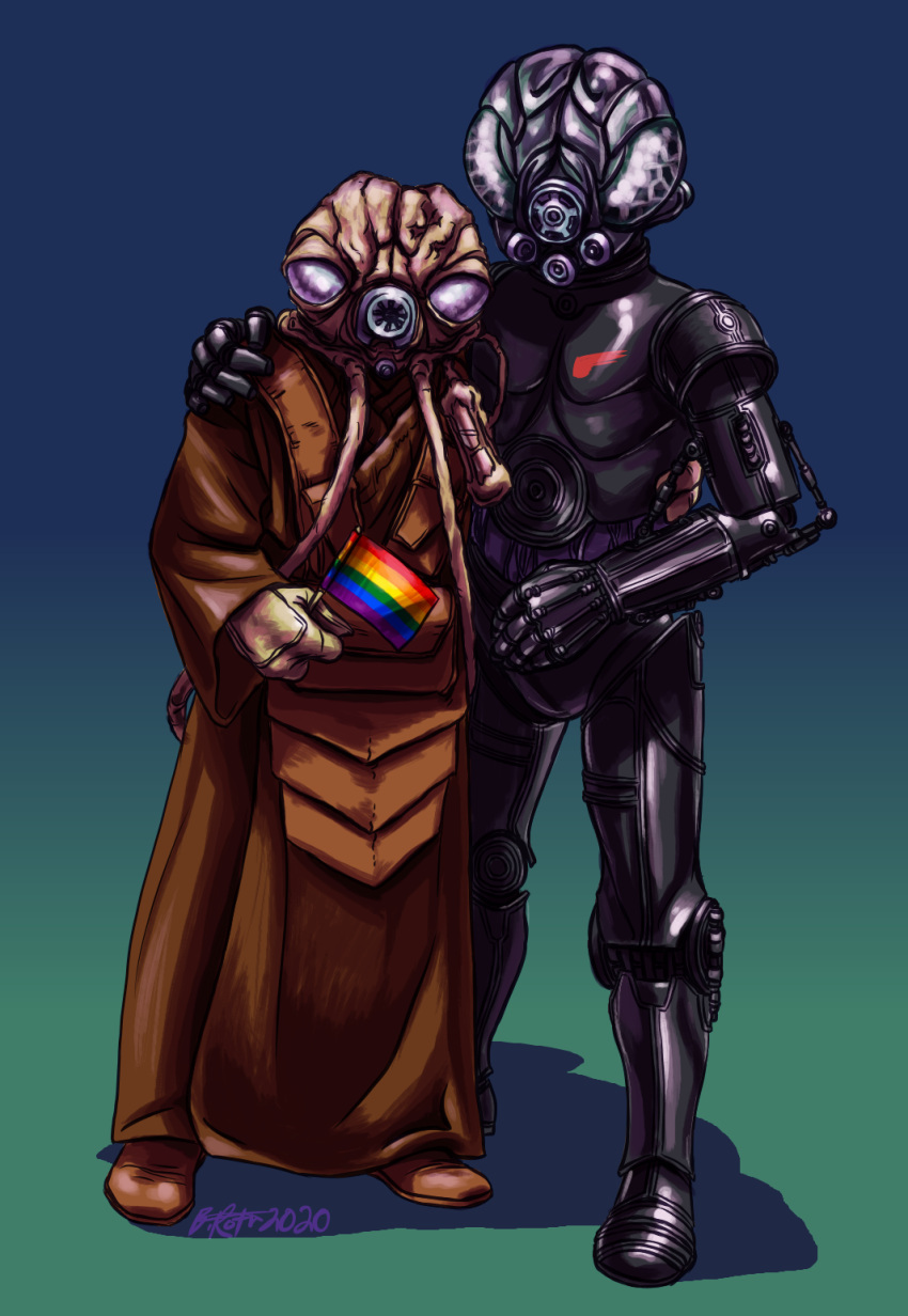 4-lom alien arthropod clothing droid flag gand gesture hand_on_shoulder hi_res insect lavvytaffy lgbt_pride male male/male pride_colors rainbow_flag rainbow_symbol size_difference sketch star_wars zuckuss