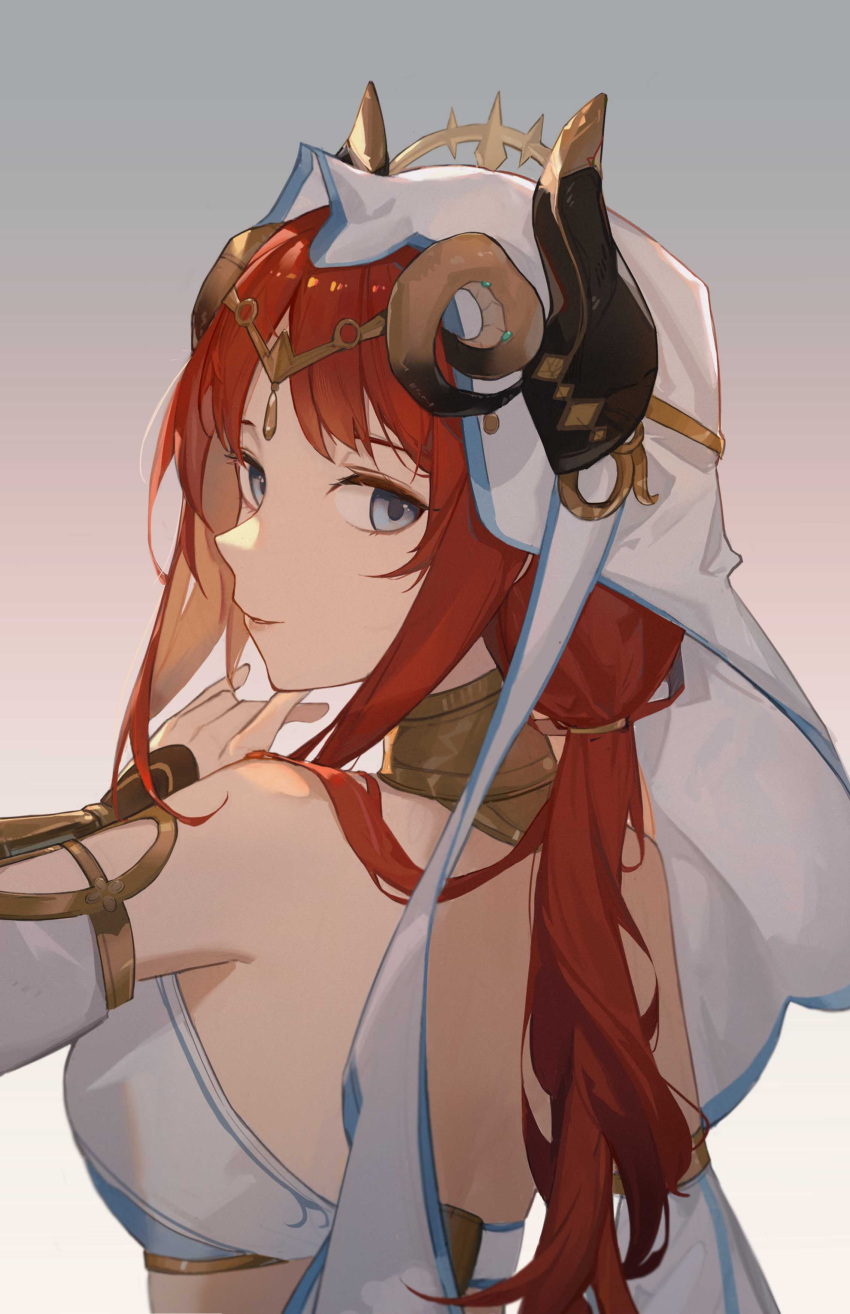 1girl absurdres arabian_clothes bare_shoulders blue_eyes breasts crop_top forehead_jewel genshin_impact half-closed_eyes highres horns long_hair looking_at_viewer looking_back low_twintails nilou_(genshin_impact) red_hair riknz smile solo twintails upper_body vambraces veil