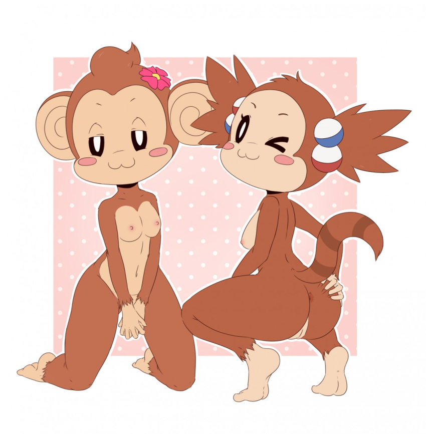 anthro anus breasts butt duo female genitals haplorhine hi_res krayboost lemur mammal meemee monkey nipples nude pink_background primate provocative pussy raised_tail simple_background strepsirrhine super_monkey_ball super_monkey_ball_banana_mania yanyan