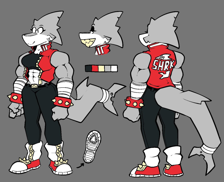 2022 abs anthro bandage belt biceps black_eyes bottomwear bracelet breasts clothed clothing disembodied_head eyelashes female fin fish fist footwear grey_background grey_body grey_nose grey_skin grey_tail half-closed_eyes happy jacket jewelry long_tail looking_aside looking_at_viewer looking_away marine mattie_(sludgetoons) model_sheet multicolored_body multicolored_nose multicolored_skin muscular muscular_anthro muscular_female narrowed_eyes navel notched_fin notched_tail pants shark sharp_teeth shirt shoes simple_background sludgetoons smile smiling_at_viewer solo spiked_bracelet spiked_clothing spiked_footwear spiked_shoes spikes standing teeth thick_tail thick_thighs toony topwear triceps white_body white_nose white_skin yellow_teeth zipper