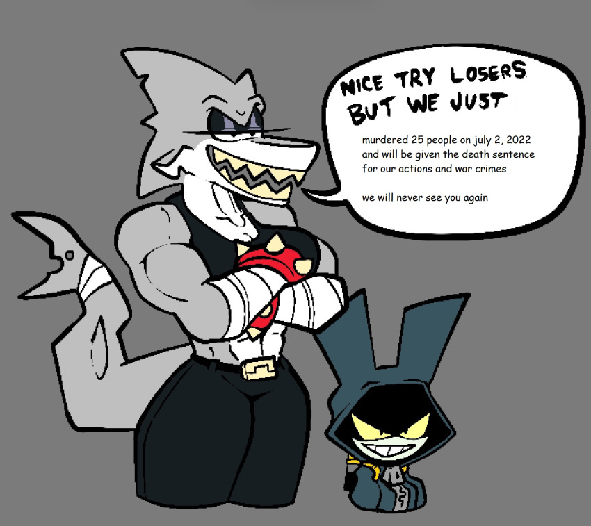 &gt;:d 2022 abs angry_eyes anthro bandage belt big_ears black_eyes bottomwear breasts clothed clothing crossed_arms dialogue dodge_(sludgetoons) duo edit english_text eyelashes female fin fish glistening_eyelids gloating grey_background grey_body grey_ears grey_fin grey_nose grey_skin grey_tail happy hi_res hoodie humor lagomorph leporid long_ears long_tail male male/female mammal marine mattie_(sludgetoons) multicolored_body multicolored_nose multicolored_skin muscular muscular_anthro muscular_female notched_fin notched_tail open_mouth pants pupils rabbit shadow shark sharp_teeth shirt short_anthro short_male shorter_male simple_background size_difference sludgetoons small_pupils smile smug speech_bubble spikes standing sweater tall_female taller_female tank_top teeth text thick_tail thick_thighs toony topwear tube white_body white_ears white_nose white_skin wristband yellow_sclera yellow_teeth zipper