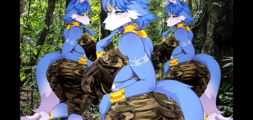 anthro big_breasts blue_body blue_fur blush bottomwear breasts camo canid canine cargo_pants clothing curvy_figure dipstick_tail edit female forest fox fur group hi_res jewelry krystal looking_at_viewer looking_back mammal markings nintendo pants plant ssethtzeentach star_fox tail_markings tree trio video_games voluptuous