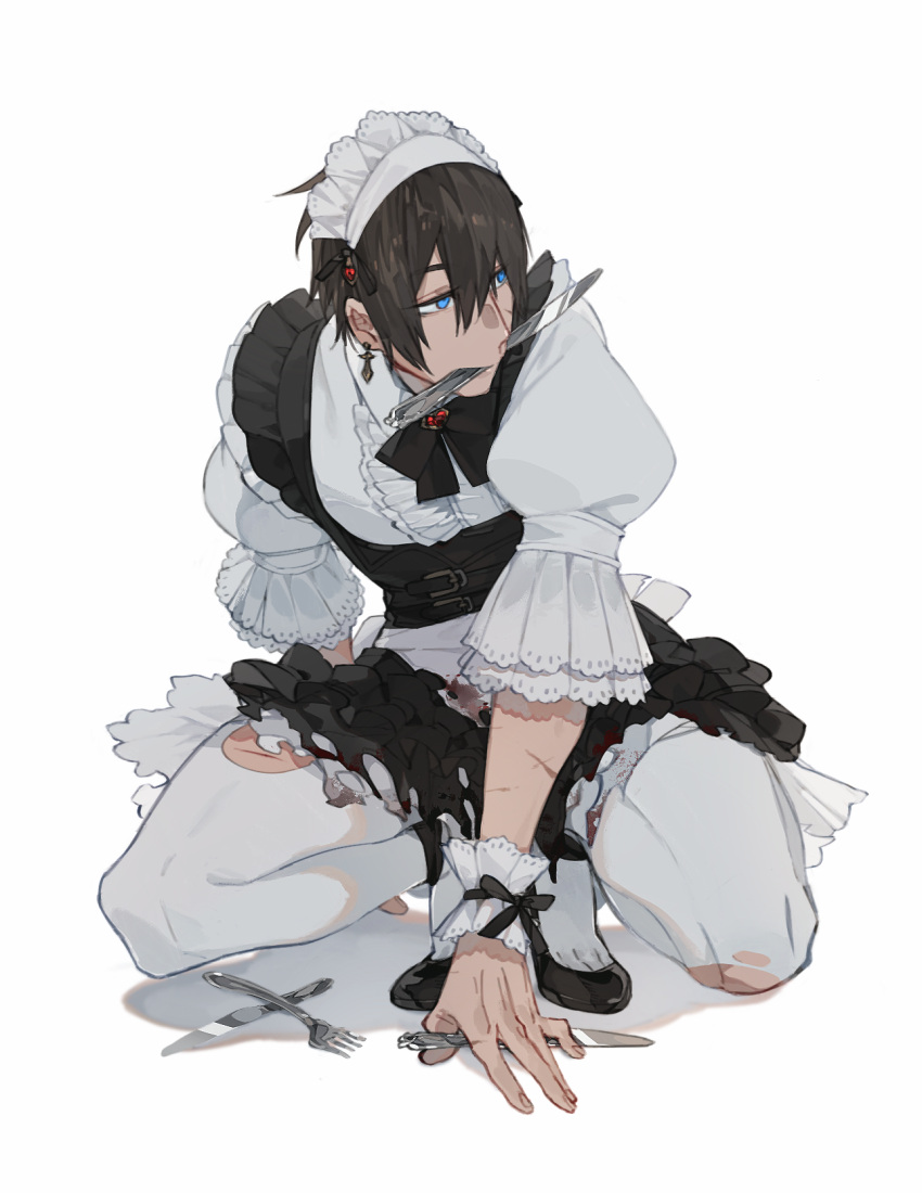 1boy adventurer_(ff14) alternate_costume apron arm_support bangs belt black_bow black_bowtie black_dress black_footwear black_hair blue_eyes bow bowtie brooch burnt_clothes center_frills character_request check_character code009 collared_shirt crossdressing cuts dress earrings enmaided final_fantasy final_fantasy_xiv fork frilled_apron frills full_body gem hair_between_eyes hand_on_ground highres holding holding_knife injury jewelry kneeling knife knife_in_mouth long_sleeves looking_away looking_to_the_side maid maid_apron maid_headdress male_focus mouth_hold pantyhose pinafore_dress puffy_sleeves red_gemstone scar scar_on_arm scar_on_cheek scar_on_face shirt shoes short_dress short_hair simple_background sleeves_past_elbows solo spoon torn_clothes torn_legwear torn_pantyhose white_apron white_background white_pantyhose white_shirt wrist_cuffs