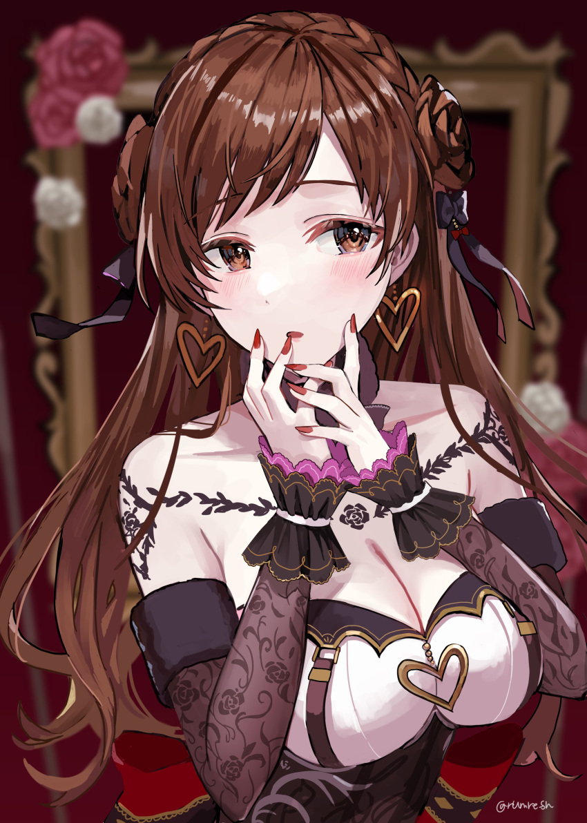 1girl :o absurdres blurry blurry_background braid breasts brown_hair cleavage collarbone crown_braid detached_sleeves double_bun earrings frilled_cuffs hair_bun heart heart_earrings highres idolmaster idolmaster_cinderella_girls jewelry large_breasts long_hair looking_at_viewer nail_polish nitta_minami picture_frame rum_raisin_(chihiromakita19) solo tattoo upper_body very_long_hair wrist_cuffs