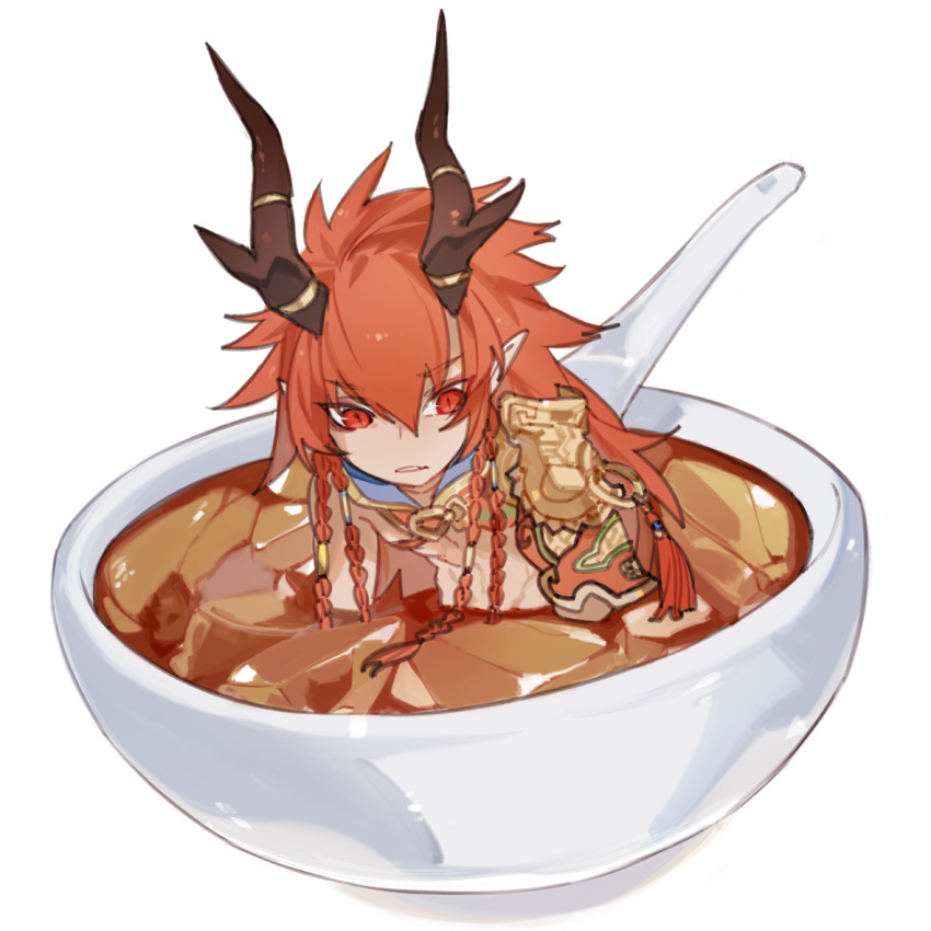 1boy antlers armor bangs bowl braid character_request chibi code009 food food_request in_bowl in_container in_food long_hair looking_at_viewer male_focus multiple_braids o-ring orange_hair partially_submerged pauldrons pointy_ears red_eyes shanhai_jing_hua shoulder_armor simple_background sitting solo soup spoon tassel toned toned_male topless_male white_background