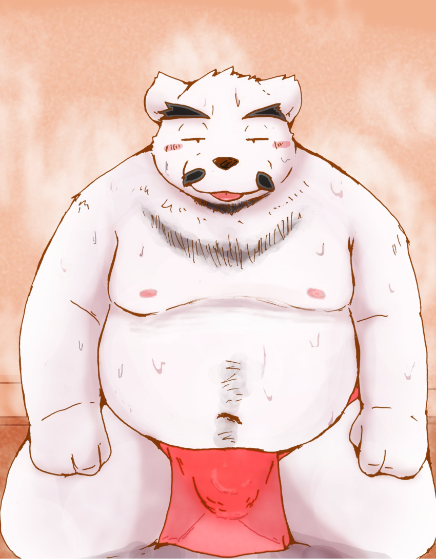 2022 anthro asian_clothing belly big_belly black_nose blush bodily_fluids clothing east_asian_clothing facial_hair fundoshi hi_res humanoid_hands japanese_clothing kemono male mammal moobs mustache navel nipples overweight overweight_male polar_bear red_clothing red_fundoshi red_underwear snow_utamaru solo sweat tongue tongue_out underwear ursid ursine