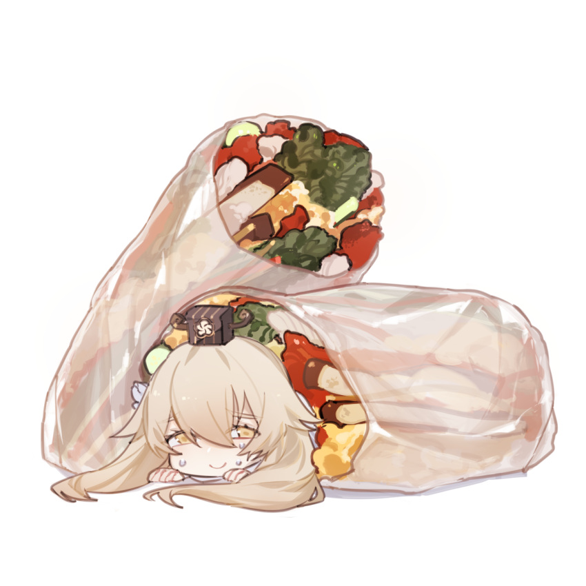 bangs black_headwear character_request chibi code009 food food_request hat in_food looking_at_viewer lying on_stomach shanhai_jing_hua simple_background solo spring_roll sweat sweating_profusely white_background white_hair yellow_eyes