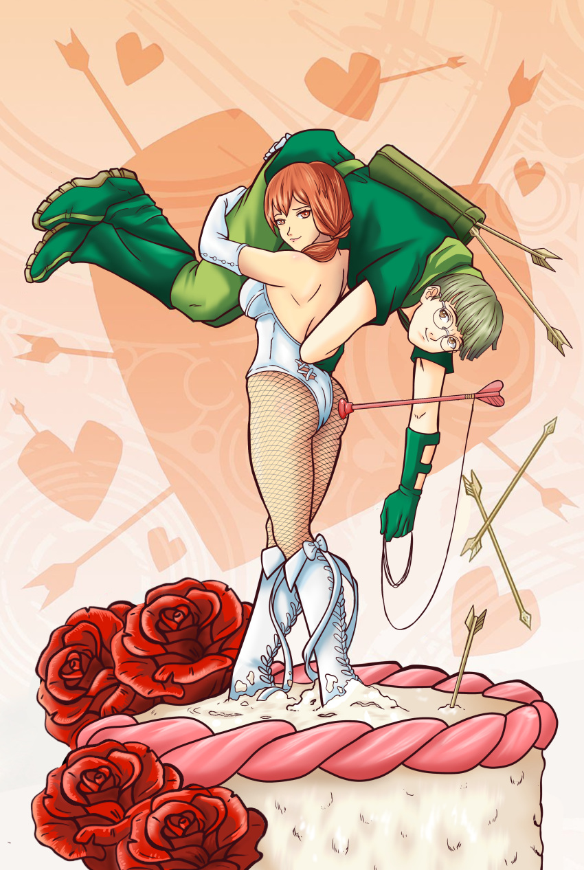 1boy 1girl absurdres ass black_canary black_canary_(cosplay) boots bridal_lingerie brown_eyes cake carrying_over_shoulder cosplay couple fire_emblem fire_emblem:_three_houses fishnets flower food full_body glasses green_arrow green_arrow_(cosplay) green_hair highres ignatz_victor leonie_pinelli lingerie md5_mismatch orange_hair red_hair resolution_mismatch rose short_hair smile source_smaller underwear wedding_cake