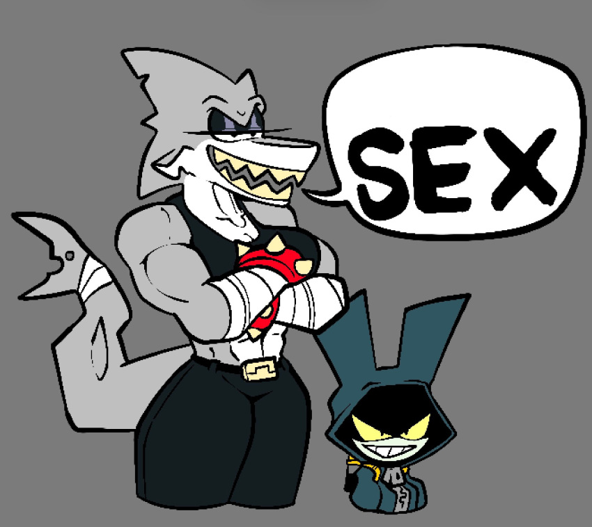 &gt;:d 2022 abs angry_eyes anthro bandage belt big_ears black_eyes bottomwear breasts clothed clothing crossed_arms dialogue dodge_(sludgetoons) duo edit english_text eyelashes female fin fish glistening_eyelids gloating grey_background grey_body grey_ears grey_fin grey_nose grey_skin grey_tail happy hi_res hoodie humor lagomorph leporid long_ears long_tail male male/female mammal marine mattie_(sludgetoons) multicolored_body multicolored_nose multicolored_skin muscular muscular_anthro muscular_female notched_fin notched_tail open_mouth pants pupils rabbit shadow shark sharp_teeth shirt short_anthro short_male shorter_male simple_background size_difference sludgetoons small_pupils smile smug speech_bubble spikes standing sweater tall_female taller_female tank_top teeth text thick_tail thick_thighs toony topwear tube white_body white_ears white_nose white_skin wristband yellow_sclera yellow_teeth zipper