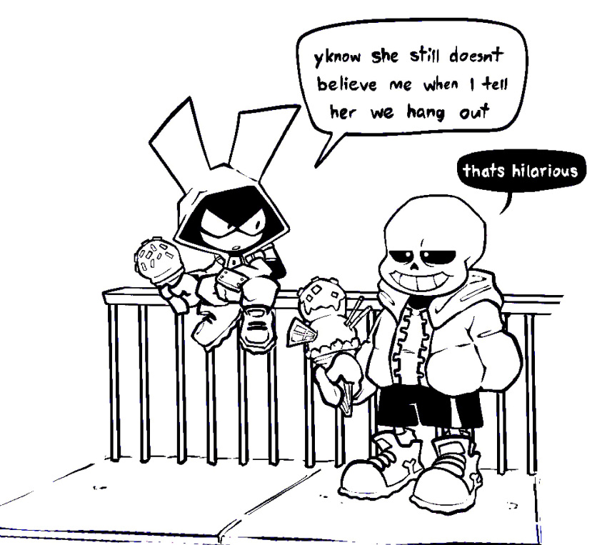 &gt;:o 2022 animated_skeleton anthro bald big_ears big_eyes black_and_white black_eyes bone bottomwear clothed clothing crossover dessert dialogue dodge_(sludgetoons) duo earless english_text food footwear half-closed_eyes hand_on_leg happy hi_res holding_food holding_ice_cream holding_ice_cream_cone holding_object hoodie ice_cream ice_cream_cone jacket lagomorph leporid long_ears looking_aside looking_away male mammal monochrome narrowed_eyes noseless open_mouth outside pants rabbit rails sans_(undertale) shoes short short_anthro short_male shorts sidewalk simple_background sitting size_difference skeleton skull sludgetoons smile speech_bubble sprinkles standing sweater teeth text toony topwear tube undead undertale undertale_(series) video_games white_background white_body white_eyes white_face zipper