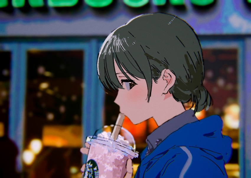 1girl bangs blue_jacket blurry blurry_background brown_eyes character_request check_character coffee collared_shirt cup drinking drinking_straw green_hair grey_shirt hand_up holding holding_cup hood hood_down idolmaster idolmaster_shiny_colors jacket kakeami light_blush lights looking_at_viewer low_ponytail nanakusa_nichika nape outdoors portrait product_placement profile shirt short_hair short_ponytail solo starbucks