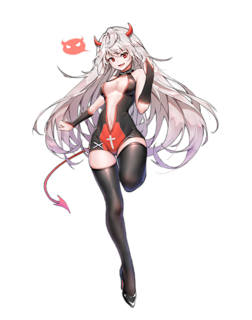 1girl :d ass_visible_through_thighs bangs bare_shoulders black_footwear black_thighhighs breasts bridal_gauntlets commentary_request demon_girl demon_horns demon_tail fang full_body grey_hair high_heels highres horns kafeifeifeifeifeifei_jiemo_jun long_hair looking_at_viewer medium_breasts navel open_leotard open_mouth original red_eyes simple_background skin_fang sleeveless smile solo standing standing_on_one_leg tail thighhighs white_background white_hair