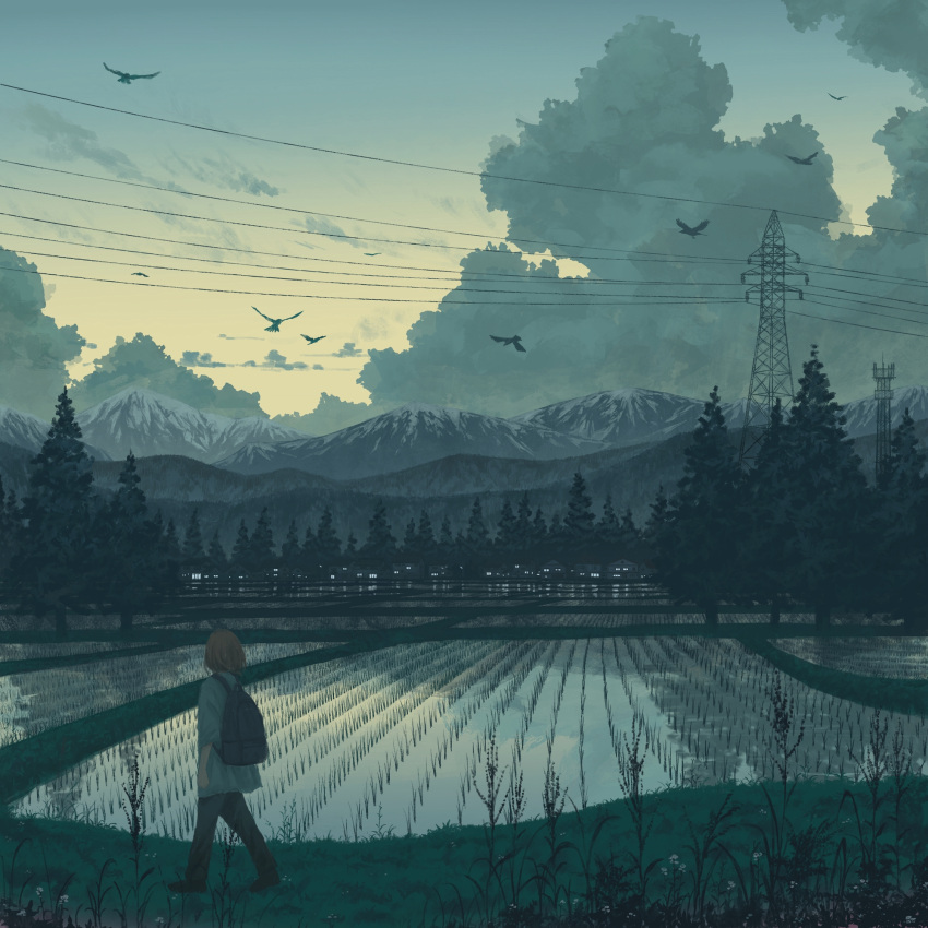 1girl bag bird blonde_hair blouse cloud cloudy_sky commentary_request gensuke_(ryun) green_shirt highres mountain original outdoors plant revision rice_paddy scenery shirt short_hair sky solo transmission_tower tree walking water wide_shot