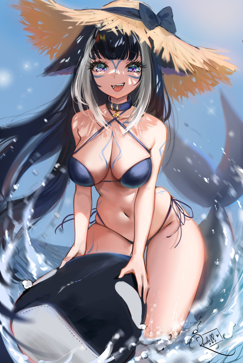1girl absurdres animal arm_tattoo bikini black_hair blue_bikini blue_choker blue_eyes breasts chest_tattoo choker cleavage commentary english_commentary facial_mark facial_tattoo halter_top halterneck hat highres indie_virtual_youtuber large_breasts leg_tattoo long_hair looking_at_viewer navel orca rosebell shylily signature string_bikini sun_hat swimsuit tattoo virtual_youtuber white_hair