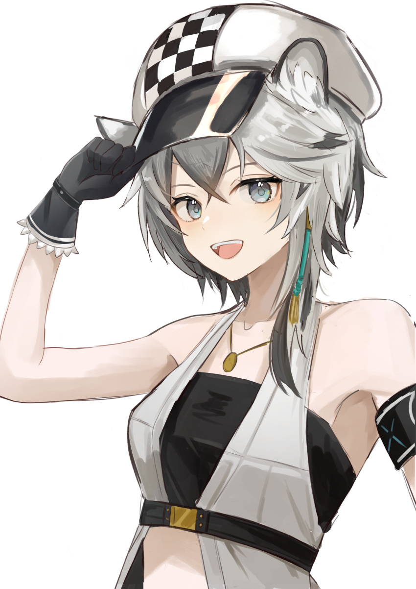 1girl :d animal_ear_fluff animal_ears arknights arm_up azuazu_0405 bangs bare_shoulders black_gloves breasts cabbie_hat checkered_clothes checkered_headwear cliffheart_(arknights) collarbone gloves grey_eyes grey_hair hair_between_eyes hand_on_headwear hat highres leopard_ears short_hair simple_background small_breasts smile solo upper_body white_background