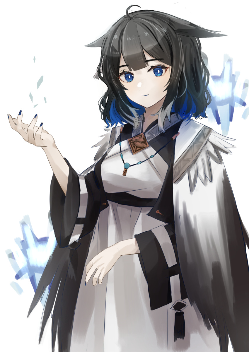 1girl ahoge animal_ears arknights azuazu_0405 bangs black_hair black_jacket blue_eyes blue_hair blue_lips breasts closed_mouth dress hand_up highres jacket kjera_(arknights) long_sleeves multicolored_hair simple_background small_breasts smile solo two-tone_hair white_background white_dress wide_sleeves