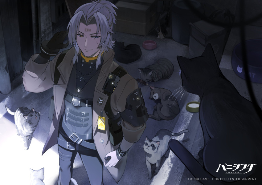 1boy alley armor artist_request barcode belt blue_eyes bowl box cardboard_box cat communicator heterochromia highres mechanical_arms multicolored_eyes non-web_source pet_bowl ponytail punishing:_gray_raven scar scar_on_face single_mechanical_arm smile surrounded tag trash_bag trench_coat watanabe_(punishing:_gray_raven) wrist_belt yellow_eyes
