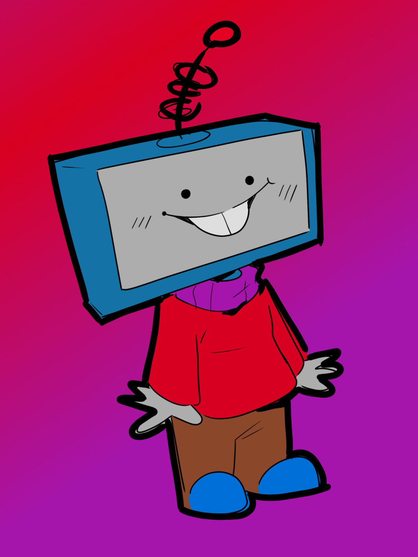 antel_(telelewdz) antennae_(anatomy) anthro blue_clothing blue_footwear blue_shoes bottomwear brown_bottomwear brown_clothing brown_pants clothed clothing eroticphobia footwear fully_clothed hi_res male not_furry pants red_clothing red_sweater red_topwear shoes solo sweater teeth television topwear