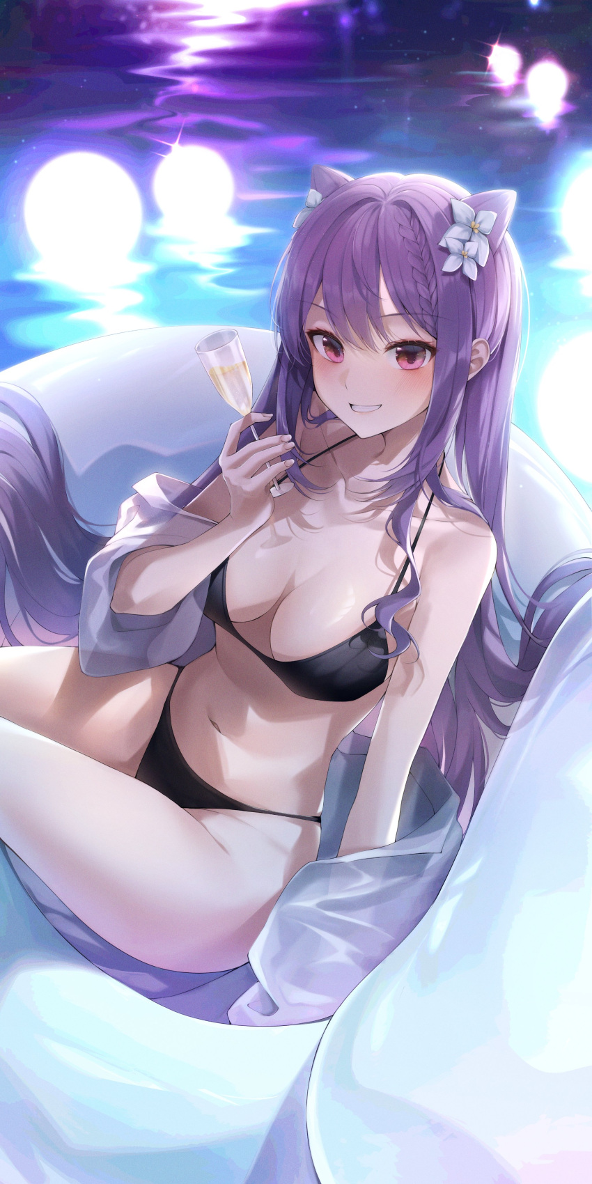 1girl absurdres bangs bare_shoulders bikini black_bikini blush braid breasts cup drinking_glass duyu flower genshin_impact hair_bun hair_flower hair_ornament highres keqing_(genshin_impact) long_hair looking_at_viewer medium_breasts navel purple_eyes purple_hair smile solo swimsuit wine_glass