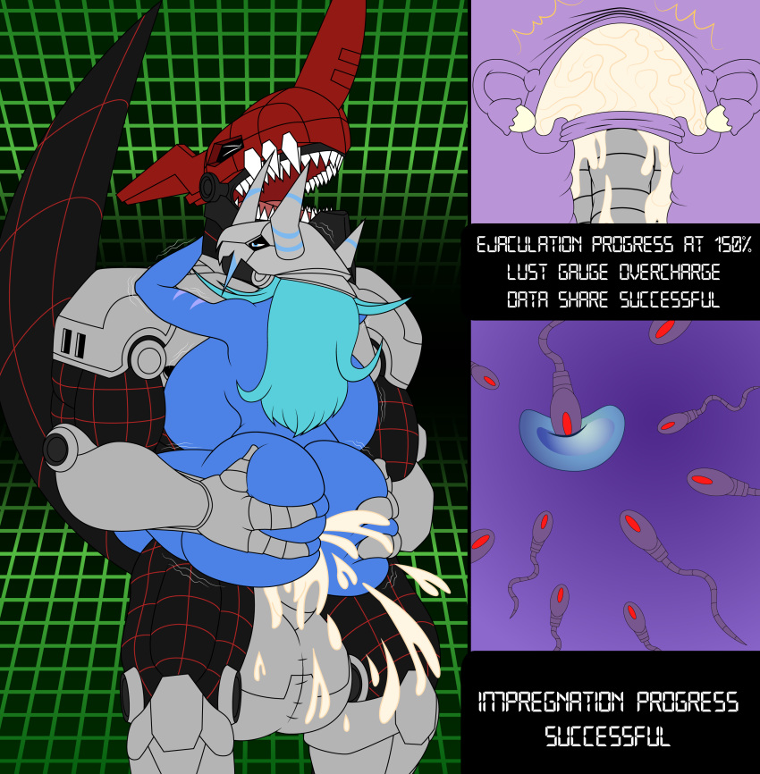 2019 absurd_res anthro aria_(danielssj) armor balls bandai_namco big_balls big_breasts big_butt big_penis bodily_fluids breasts butt chaosdramon cum cum_inside danielssj digimon digimon_(species) digital_media_(artwork) duo ejaculation english_text eyes_closed female genital_fluids genitals hair headgear helmet hi_res huge_breasts impregnation internal male male/female muscular muscular_anthro muscular_male non-mammal_breasts nude open_mouth ovaries ovum penetration penis sex sperm_cell teal_hair text thick_thighs unarmored_chaosdramon uterus vaginal vaginal_penetration wargreymon